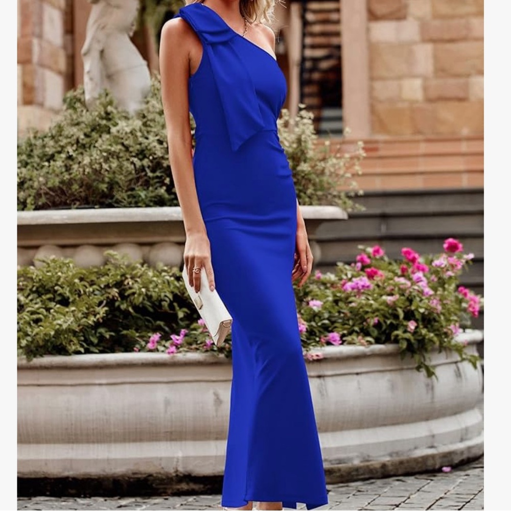Alexa B Nites Royal Blue One Shoulder Spaghetti Strap Column Gown
